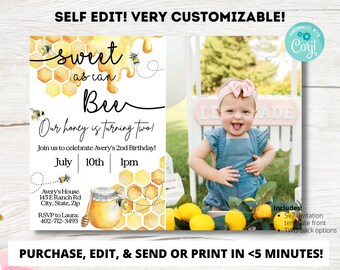 Sweet as Can Bee Editable Invitation, Bee Birthday Party Invite with Photo, Bee 2nd Birthday, Honey 3rd Birthday Invite,  Bee Honey Birthday