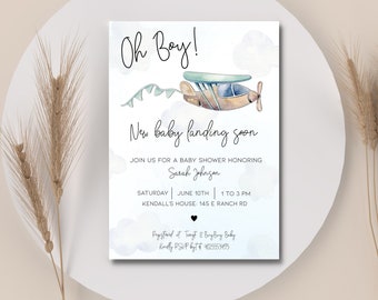 Its a Boy Baby Shower Invite, Airplane Baby Shower Invitation, Up Up and Away, Boy Baby Sprinkle Invite, Stars Baby Shower, Corjl Template