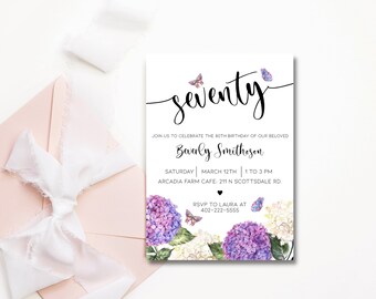 Invitaciones de cumpleaños número 70, Invitación de cumpleaños número 70 para mujeres, Invitación editable, Fiesta sorpresa de cumpleaños número 70, Invitación de cumpleaños número 70