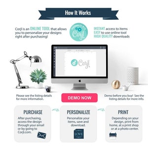 May include: How to personalize and print your designs using Corjl, an online tool.  The image shows a computer screen with the Corjl logo, a step-by-step guide to purchasing, personalizing, and printing, and a demo button.