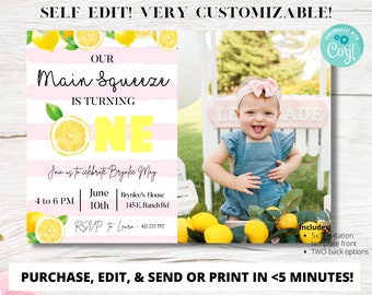 Lemon Invitation, Lemon First Birthday Invitation, Lemon Birthday Invitation, Pink Lemonade Birthday, 1st Birthday Invite, Lemonade Birthday