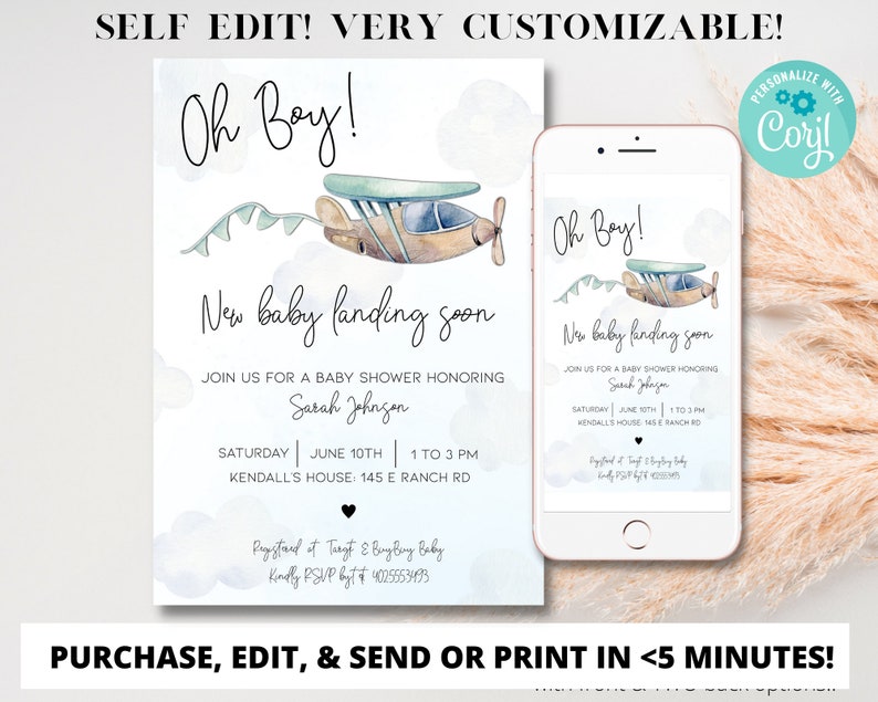 Editable Boy Baby Shower Invite Airplane Baby Shower Invitation Baby Sprinkle Invitation Stars Baby Shower Digital Shower