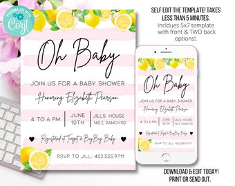EDITABLE Lemonade Baby Shower Invitation, Lemon Baby Shower Digital Invite, Its a Girl Shower Invite, Diaper Raffle, Instant Download