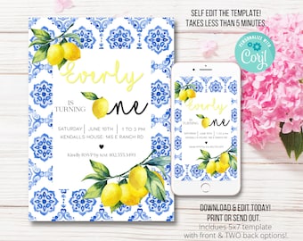 Lemon First Birthday Invite, Lemonade First Birthday, Lemon Birthday Invitation, Mediterranean 1st Birthday, lemon first birthday invitation
