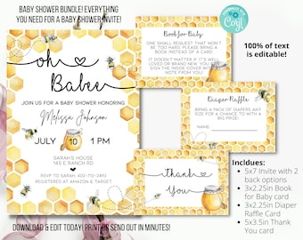 REDIGERBAR Babyshower-inbjudan till bi, Oh Babee babyshower-inbjudan, babyshower-inbjudningsset, böcker för babykort, blöjlotteri babyshower