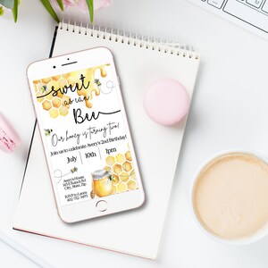 May include: A digital invitation for a child's birthday party with a bee theme. The invitation is yellow and gold with a honeycomb pattern and a jar of honey. The text reads "Sweet as can Bee" and "Our honey is turning two!" with details about the party date, time, and location.