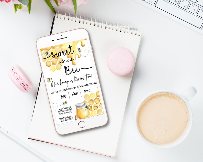 May include: A digital invitation for a child's birthday party with a bee theme. The invitation is yellow and gold with a honeycomb pattern and a jar of honey. The text reads "Sweet as can Bee" and "Our honey is turning two!" with details about the party date, time, and location.
