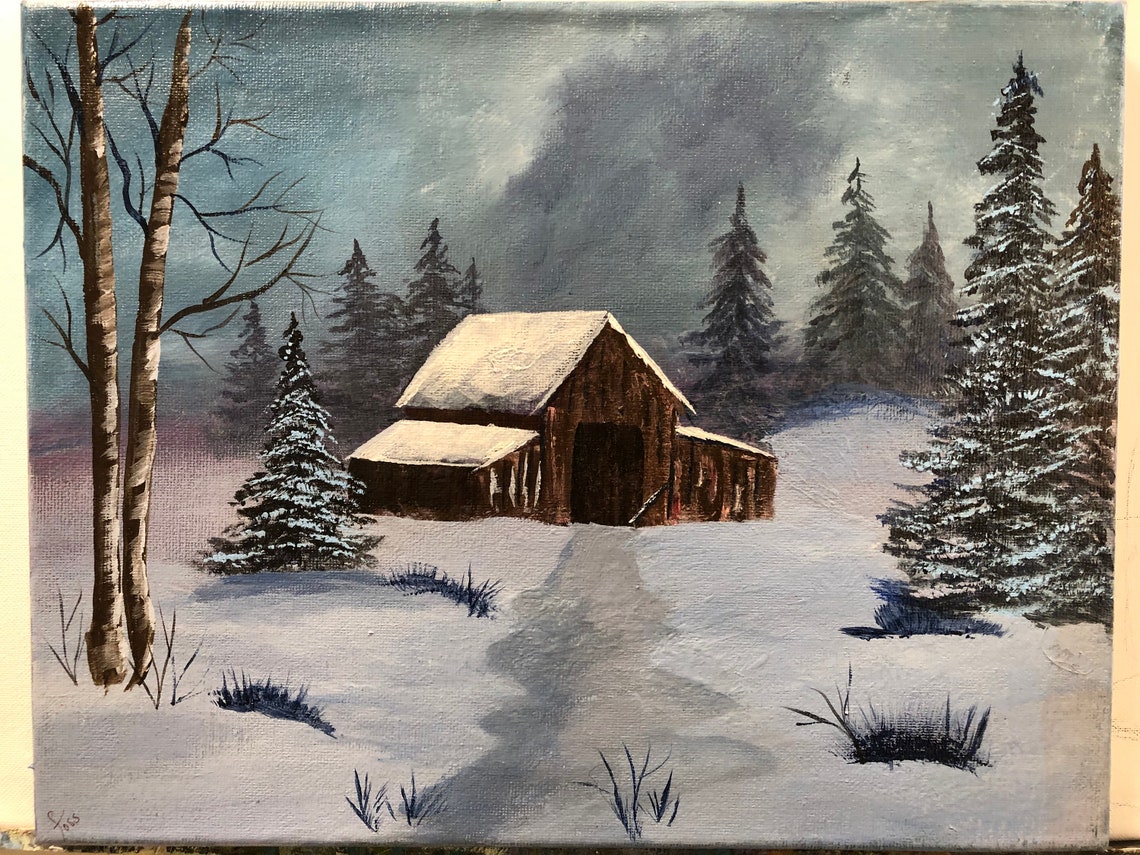 Original acrylic painting//cabin in the woods//snow Etsy