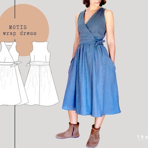 MOTIS wrap dress sewing pattern - woman summer dress with pockets - US Sizes 4 to 22 - EU Sizes 34 to 52 - Instant download