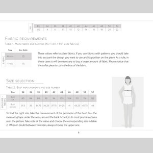 May include: A page from a sewing pattern guide with fabric requirements and size selection tables. Includes bust measurements in inches and centimeters, with a diagram of a person for size reference. The text provides instructions for taking bust measurements.