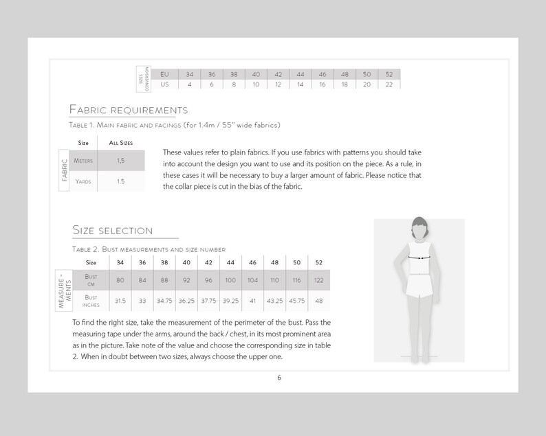 May include: A page from a sewing pattern guide with fabric requirements and size selection tables. Includes bust measurements in inches and centimeters, with a diagram of a person for size reference. The text provides instructions for taking bust measurements.