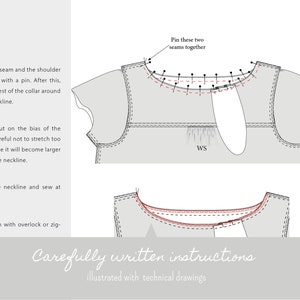 May include: Technical drawing of a garment neckline with detailed instructions. The illustration shows the collar seam pinned together, with the text "Pin these two seams together." The text at the bottom reads "Carefully written instructions illustrated with technical drawings."