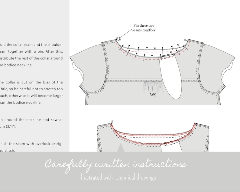 May include: Technical drawing of a garment neckline with detailed instructions. The illustration shows the collar seam pinned together, with the text "Pin these two seams together." The text at the bottom reads "Carefully written instructions illustrated with technical drawings."