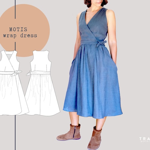 Patron de couture de robe portefeuille MOTIS : avec poches (US 4-22 EU 34-52) (téléchargement numérique)