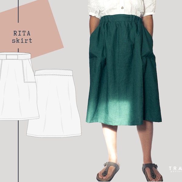 Jupe RITA - Patron numérique pdf - Jupe coupe facile pour femme - Tutoriel de couture - Tailles US 4 à 38 - Tailles UE 34 à 68 - Téléchargement immédiat