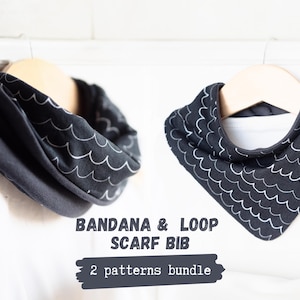 May include: Two dark grey and white patterned bibs are displayed on wooden hangers. One is a loop scarf bib, and the other is a bandana bib. The bibs have a wave-like pattern. Text on the image reads "BANDANA & LOOP SCARF BIB" and "2 patterns bundle."
