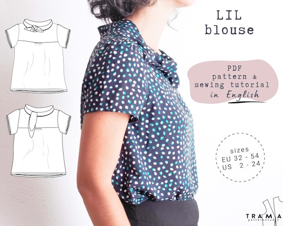 LIL Rolled Collar Bow Blouse: Sewing Pattern in classic style (Pdf Download EU34-52 US4-22)