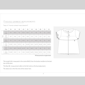 May include: A page from a sewing pattern booklet with a diagram of a top and a table of measurements. The table includes sizes, height, bust, and sleeve circumference in both centimeters and inches. Text explains how to measure the garment.