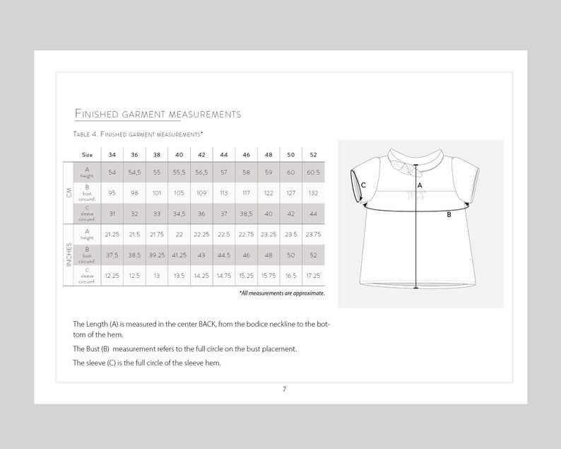May include: A page from a sewing pattern booklet with a diagram of a top and a table of measurements. The table includes sizes, height, bust, and sleeve circumference in both centimeters and inches. Text explains how to measure the garment.