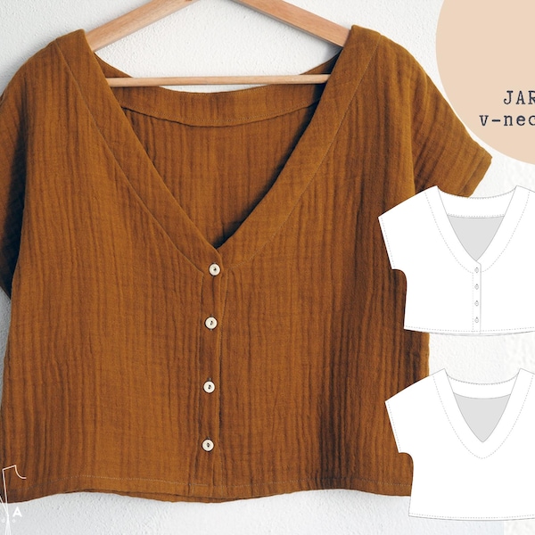 Cartamodello per camicetta con scollo a V Jarvis: in maglia o tessuto (PDF digitale) (taglie EU 34-52, US 4-22)