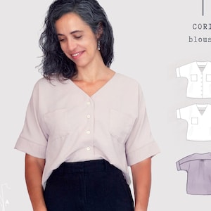 CORI Blouse Sewing Pattern: V-Neck Top midi sleeve (US 4-22 EU 34-52)(Pdf Pattern)