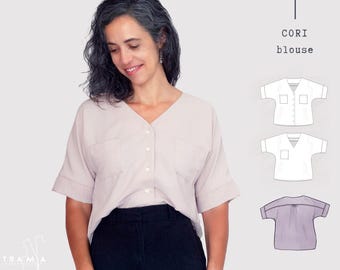 Molde para blusa CORI: Blusa com decote em V e manga midi (Tamanhos EUA 4-22 / UE 34-52) (Molde em PDF)