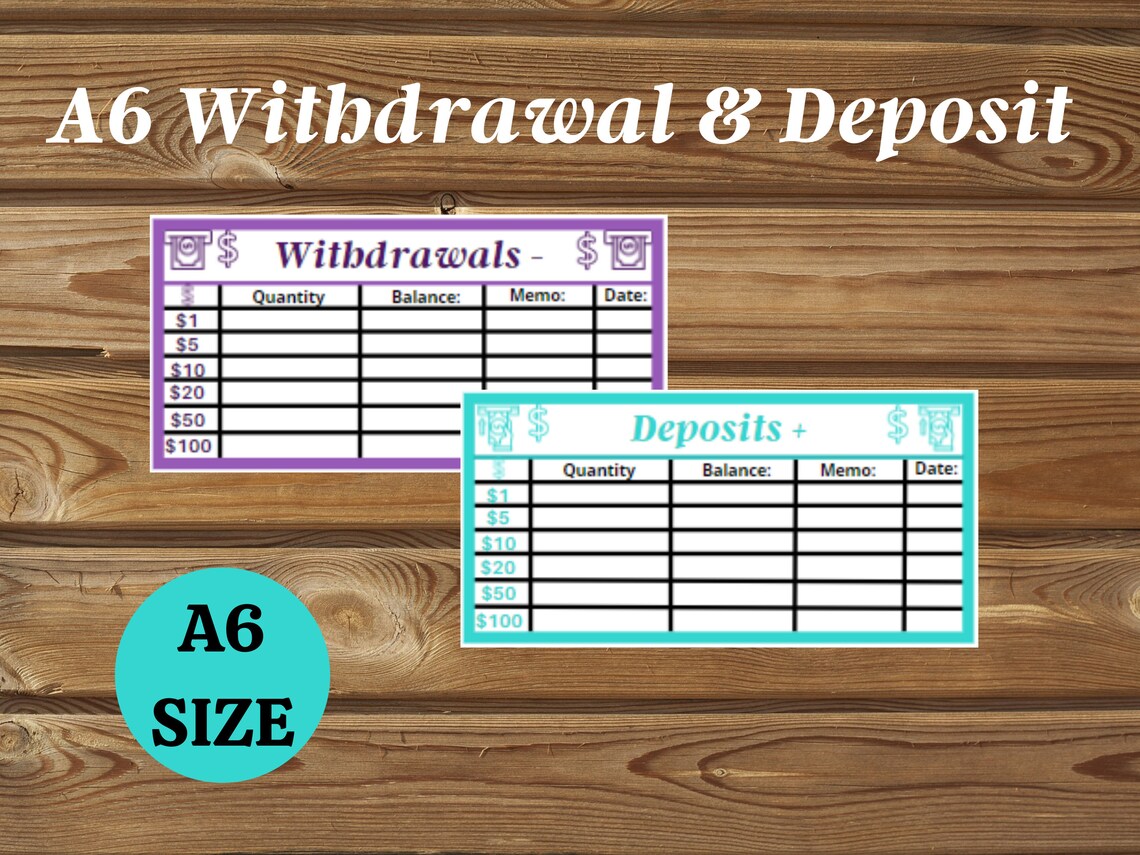 Printable Deposit &amp; Withdrawal Savings Tracker Fits A6 Cash - Etsy