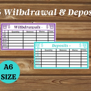 Printable Deposit &amp; Withdrawal Savings Tracker Fits A6 Cash - Etsy