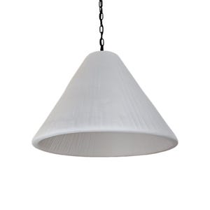 May include: A white pendant light fixture with a wide, conical shade featuring a subtle, vertically ribbed texture. The lamp is suspended from a black metal chain that attaches to the top center of the shade, providing a clean, functional design.