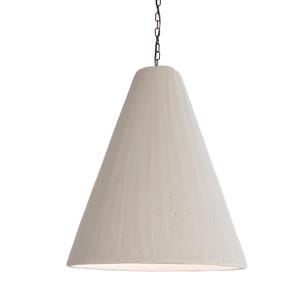 May include: A cone-shaped pendant light fitting with a textured, off-white matte finish. The lamp features a wide, open bottom and is suspended from a dark, thin metal chain attached to the top centre of the conical shade structure.