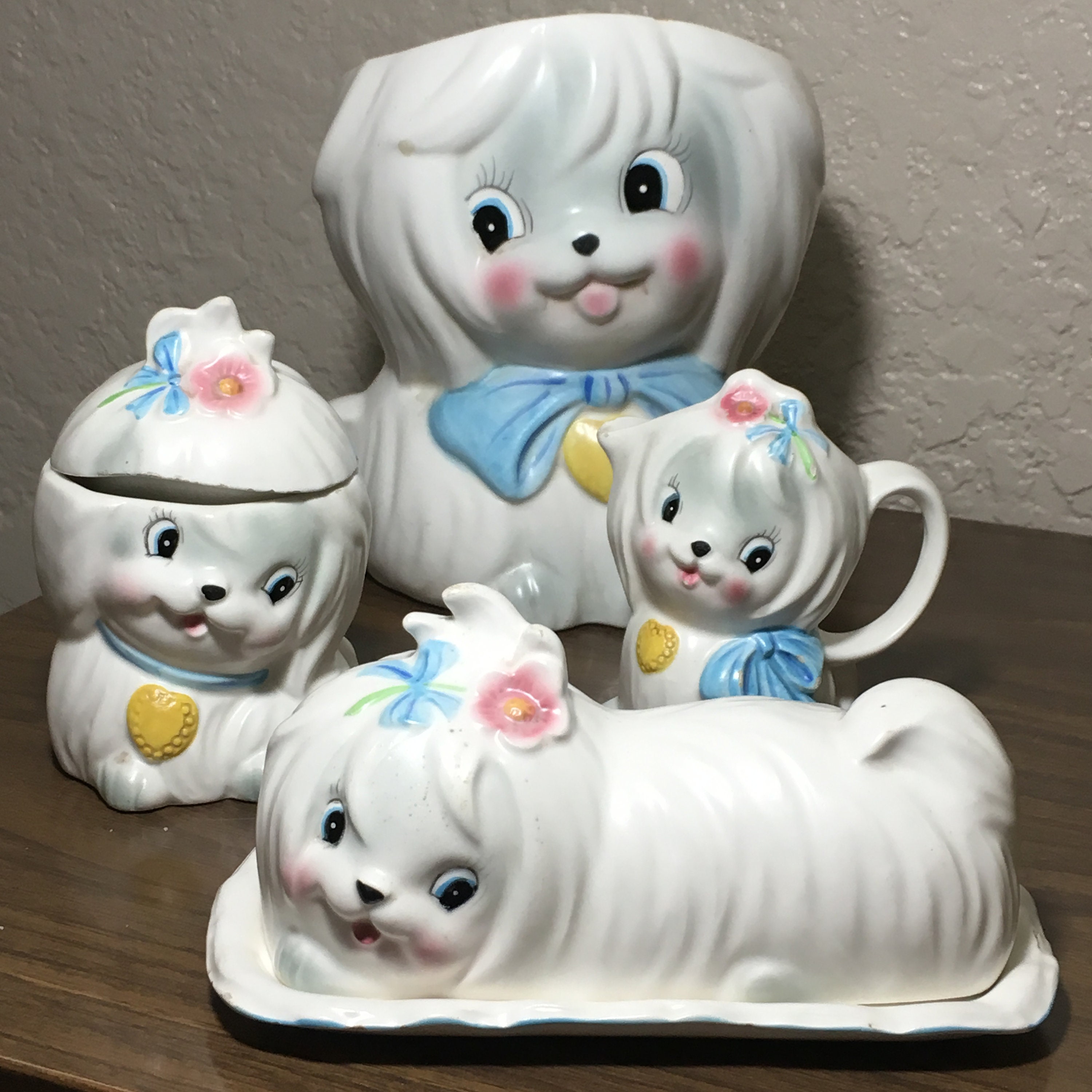 レフトン社　Mr. Toodles ソルト＆ペッパー　陶器　犬　マルチーズ Lefton Mr Toodles Mismatched Set/ Butter Dish/ Cookie Jar/ Sugar