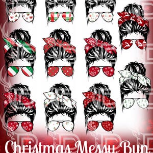 May include: A set of 12 digital illustrations of women with messy buns and Christmas-themed sunglasses and headbands. The illustrations are in black and white with red, green, and white accents. The designs feature various Christmas patterns, including snowflakes, candy canes, and the words "Ho Ho Ho".