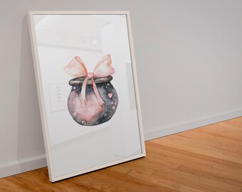 Pink Witch Pot Art Print, Coquette Halloween Decor (Digital Download)