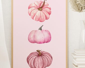 Impresión de calabazas rosas para Halloween, decoración otoñal coqueta (descarga digital)
