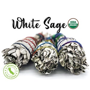 Organic White Sage Smudge Sticks Large USDA Organic & Grown in California | Chakra Cleansing, Anxiety and Stress Relief, Energy Clearing