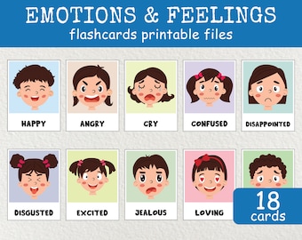 Feelings Faces Flashcards, Emotion Flashcards, Kids Emotions and Feelings Cards, Feelings Flash Cards, PDF Instant Download, Emotions Chart