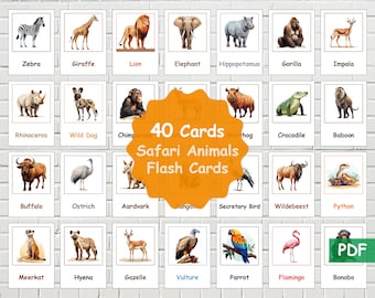 40 safaridieren-flashcards, afdrukbare dieren-flashkaarten, dierenwoordenschat, afdrukbare dierenkaarten, dieren-flashkaarten, afdrukbare kaarten
