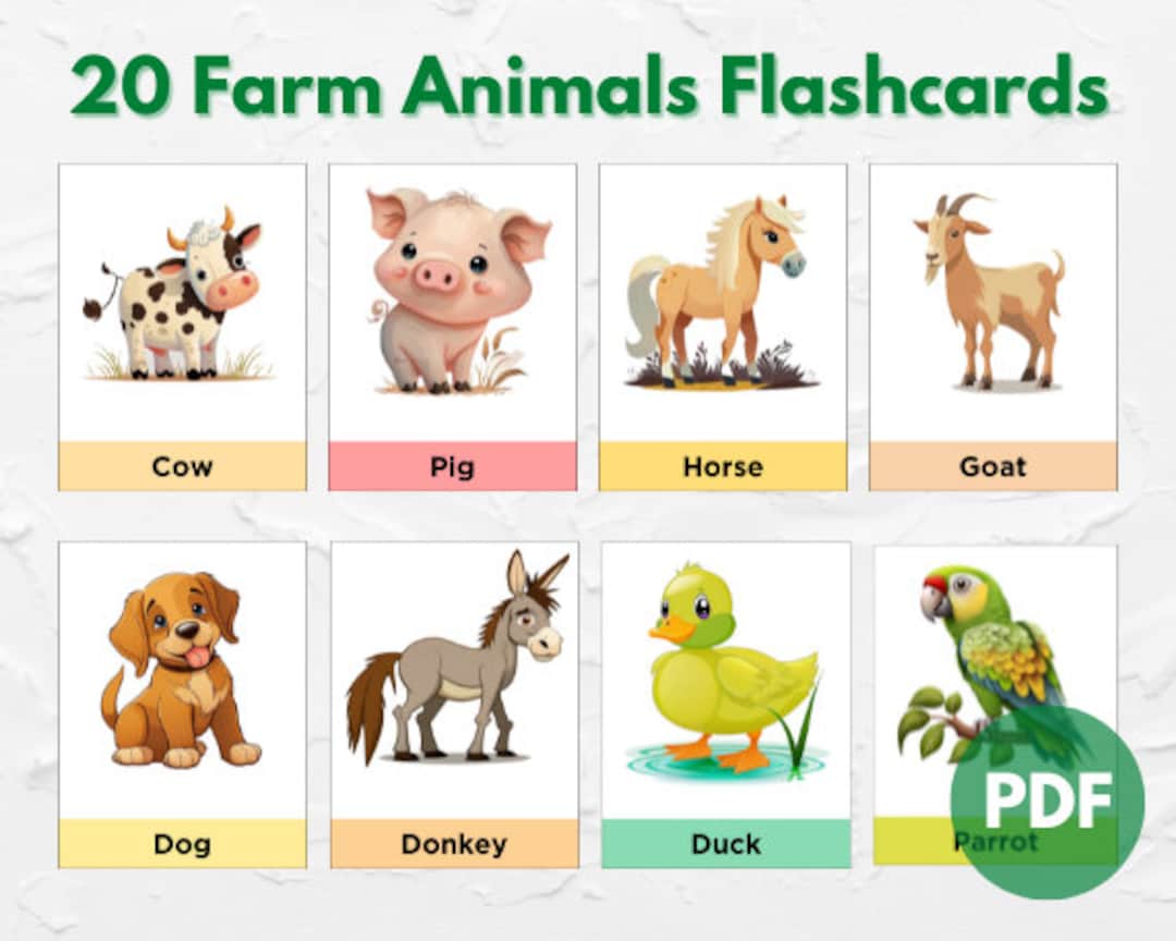 20 Farm Animals Flashcards Farm Flash Cards Preschool Etsy