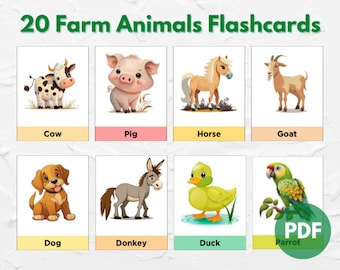 20 Farmtiere Karteikarten, Bauernhof Karteikarten, Vorschul Karteikarten, Nomenklaturkarten, Tier Karteikarten, INSTANT DOWNLOAD