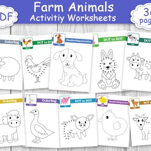 May include: A set of 36 printable farm animal activity worksheets for kids. The worksheets include coloring pages, dot-to-dot activities, and handwriting practice. The animals featured are a sheep, chicken, dog, rabbit, cow, horse, goose, pig, chick, and goat.
