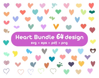 64 Paquete de corazón dibujado a mano, Paquete de corazón svg, Paquete Doodle Heart SVG, Paquete SVG de corazón, SVG de corazón dibujado a mano, Archivos cortados Cricut, Silueta