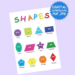 Formes géométriques imprimables, ressources pour l'école à la maison, matériel éducatif préscolaire, apprendre les formes, tableau des formes imprimable, affiche de classe