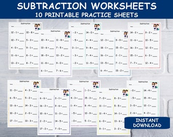 10 Printable Subtraction Worksheets,  Preschool-2nd Grade Math, Subtraction printable,Classroom -Homeschool -Educational math, Subtraction