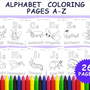 Alphabet Coloring Pages, Preschool Activity,From A to Z  26 Pages, Printable Coloring Pages, Instant Download File,