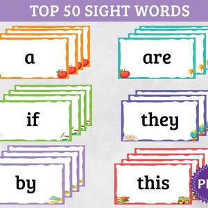 May include: A set of printable flashcards featuring the top 50 sight words. Each word is displayed on a colorful card with a border and a small illustration. The words include "a", "are", "if", "they", "by", and "this".