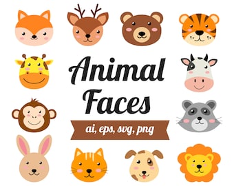 Animal Faces Clipart, Animal face svg, Nursery animal clipart, Animal svg, Cute Woodland Jungle Animals, Digital Graphic, Instant Download