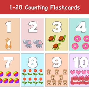 Number Flashcards 1-20,  Numbers Flashcards, Learn to Count, Numbers 1-20, Number Learning Cards, Kindergarten, Preschool Activity
