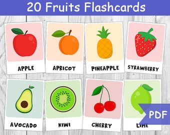 Toddler Fruits Flash Cards, 20 Nomenclature Cards, Homeschool Materials, PDF Printable FlashCards, Educational Printable Cards,