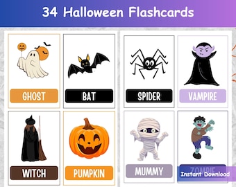 34 Halloween Flashcards, Printable Vocabulary Cards for Toddlers, Halloween Party Activity, Halloween Vocabulary, Printable PDF, Halloween