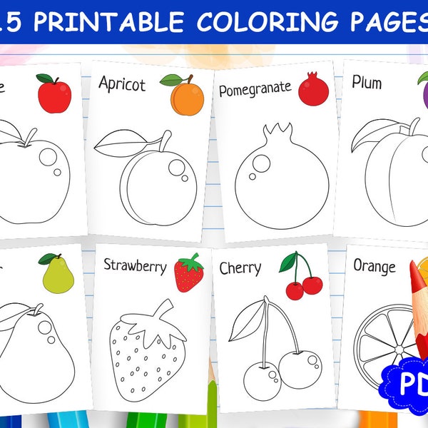 15 Fruits Coloring Pages, Fruit Coloring Pages, Fruit Coloring Book for Kids, Printable Coloring Pages, Coloring Worksheet, Instant Download